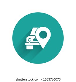 White Map pointer with taxi icon isolated with long shadow. Location symbol. Green circle button. Vector Illustration
