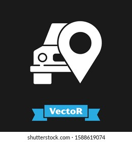 White Map pointer with taxi icon isolated on black background. Location symbol.  Vector Illustration