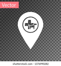 White Map pointer with veterinary medicine hospital, clinic or pet shop for animals icon isolated on transparent background. Vet or veterinarian clinic. Vector Illustration