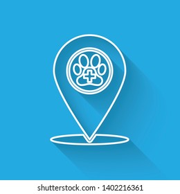 White Map pointer with veterinary medicine hospital, clinic or pet shop for animals line icon isolated with long shadow. Vet or veterinarian clinic. Vector Illustration