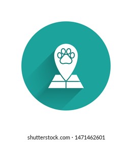 White Map pointer with veterinary medicine hospital, clinic or pet shop for animals icon isolated with long shadow. Veterinarian clinic. Green circle button. Vector Illustration
