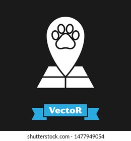 White Map pointer with veterinary medicine hospital, clinic or pet shop for animals icon isolated on black background. Veterinarian clinic.  Vector Illustration