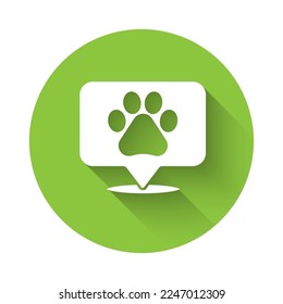 White Map pointer with veterinary medicine hospital, clinic or pet shop for animals icon isolated with long shadow. Vet or veterinarian clinic. Green circle button. Vector