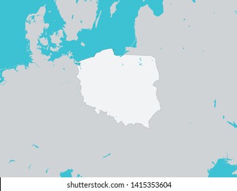 White Map of Poland with Surrounding Terrain