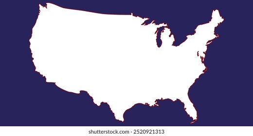 Mapa branco com um contorno vermelho sobre um fundo azul escuro dos Estados Unidos da América. Mapa dos EUA. Fronteiras dos EUA. Silhueta dos EUA.