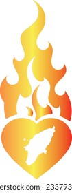 White map of Rhodes Island inside burning heart