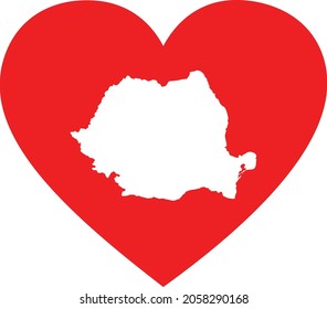 White map of Romania inside red heart shape