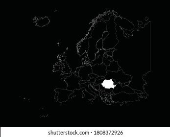 White Map of Romania on Europe map on black background