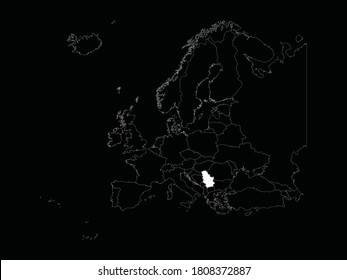 White Map of Serbia with Kosovo on Europe map on black background