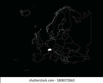 White Map of Switzerland on Europe map on black background