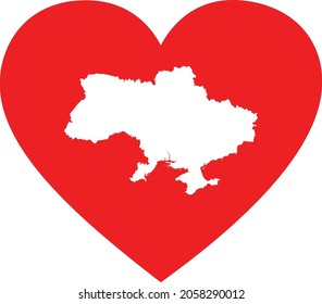 Weiße Karte der Ukraine in roter Herzform
