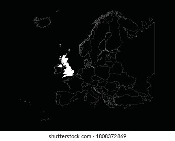 White Map of United Kingdom on Europe map on black background