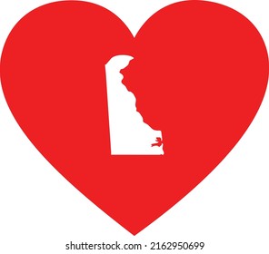 White Map of US federal state of Delaware inside red heart shape