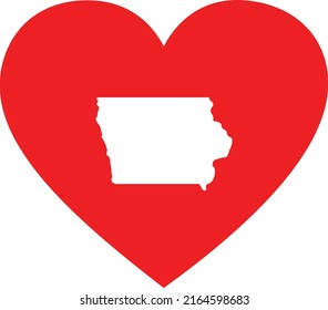 White Map of US federal state of Iowa inside red heart shape