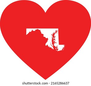 White Map of US federal state of Maryland inside red heart shape