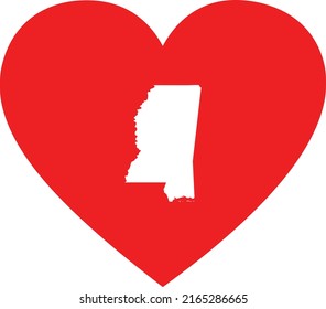 White Map of US federal state of Mississippi inside red heart shape