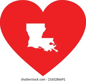 White Map of US federal state of Louisiana inside red heart shape