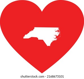 White Map of US federal state of North Carolina inside red heart shape