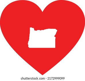 White Map of US federal state of Oregon inside red heart shape