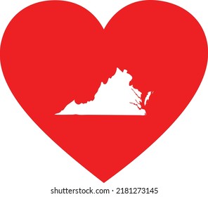 White Map of US federal state of Virginia inside red heart shape