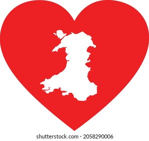 Mapa blanco de Gales dentro de la forma del corazón rojo