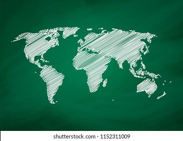 White map world drawing on chalkboard. Vector .
