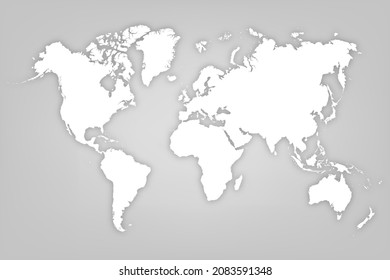 White map world on gray background. Worldmap global. Worldwide globe. Silhouette map world. Continents with shadow. Backdrop for design travel. Planet earth. Land continent. Atlas. Vector illustration