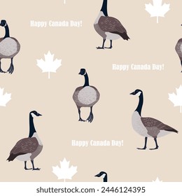 White maple leaves and Canadian geese on beige background. Canada Day seamless pattern, vector illustration