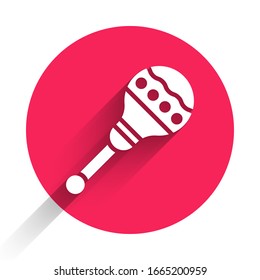 White Maracas icon isolated with long shadow. Music maracas instrument mexico. Red circle button. Vector Illustration
