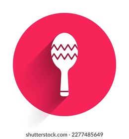 White Maracas icon isolated with long shadow. Music maracas instrument mexico. Red circle button. Vector