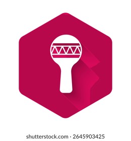 White Maracas icon isolated with long shadow background. Music maracas instrument mexico. Pink hexagon button. Vector