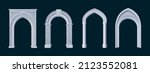 White marble arches, ancient classic architecture elements. Vector cartoon set of vintage greek or roman stone archway frames with pillars isolated on black background