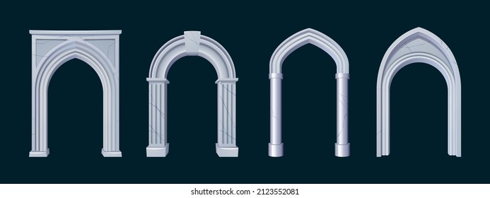 White marble arches, ancient classic architecture elements. Vector cartoon set of vintage greek or roman stone archway frames with pillars isolated on black background