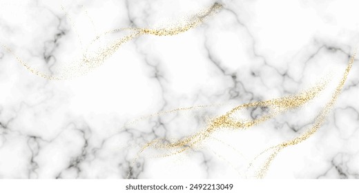 White marble background with gold glitter waves. Luxury natural stone backdrop with golden sparkles. Modern abstract glamorous Christmas, New Year, wedding, anniversary celebration vector.