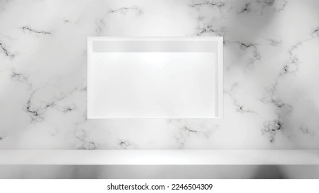 White marble background and table scene 3d render.  Stone texture platform for product showcase in room. Clean countertop mockup.