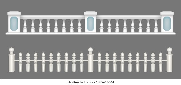 White marble balustrade, handrail for balcony, porch or garden in classic roman style. Vector realistic set of stone railing sections, banister with pillars and decorative columns svg