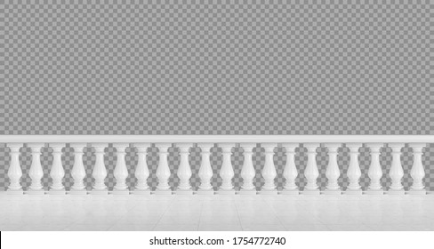 White marble balustrade on balcony, porch or terrace with tiled floor. Stone handrail in classic roman style isolated on transparent background. Vector realistic mockup with baroque railing svg
