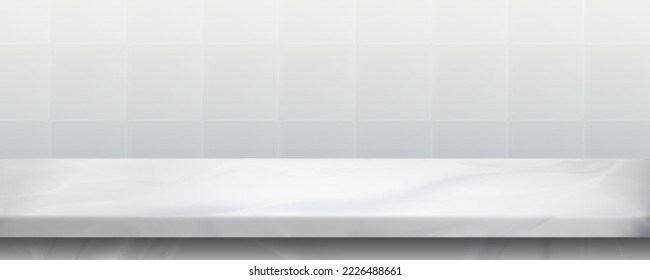 White marble countertop and tile wall. Empty bathroom shelf, kitchen table top with stone texture and mosaic backsplash on backdrop, vector realistic illustration