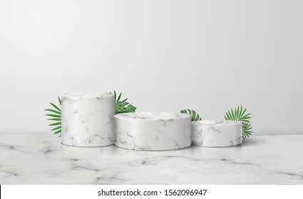 White marble cylinder podium in white background. scene stage mockup showcase for new product, promotion sale, banner, discount, presentation, cosmetic, ranking, offer. illustration vector