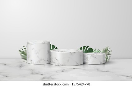 White marble cylinder podium in white background. scene stage mockup showcase for new product, promotion sale, banner, discount, presentation, cosmetic, ranking, offer. illustration vector