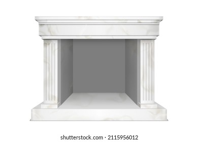 White marble fireplace for home interior in classic style. Vector realistic illustration of hearth in stone frame with pilasters and empty mantelpiece isolated on white background