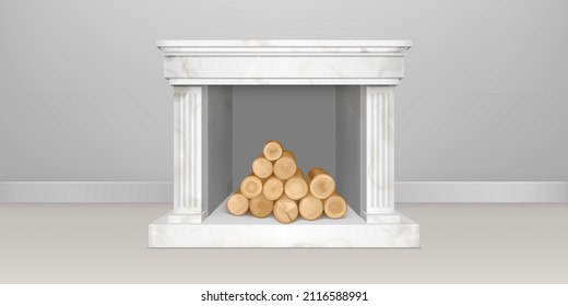 White marble fireplace with pile of logs in empty living room interior. Vector realistic illustration of hearth in stone frame with pilasters, mantelpiece and firewood pile inside