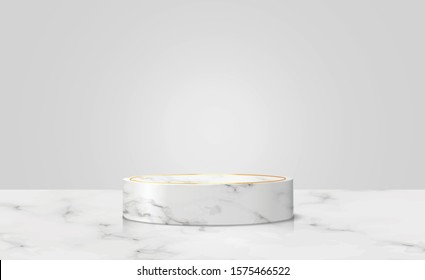 white Marble with golden ring podium in  white background. concept scene stage showcase for new product, promotion sale, banner, discount, presentation, cosmetic. with copy space. illustration Vector.