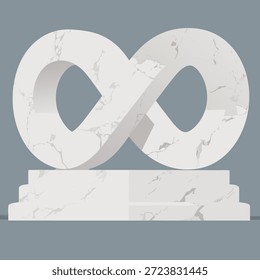 Una escultura de símbolo del infinito de mármol blanco descansa sobre un pedestal de mármol, sobre un fondo gris liso.