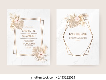 White Marble Invitation Design Cards With Dry Gold Tropical Palm Leaves And Hibiscus Flowers.