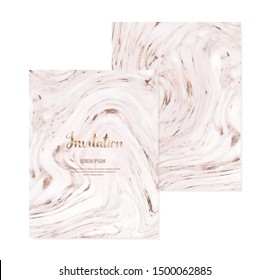 White marble invitation design cards with gold glitter wavy stripes.
