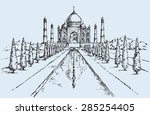 White marble muslim tomb in Agra city, built by Mughal emperor Shah Jahan for his wife Mumtaz. Freehand ink drawn background sketch in art doodle retro style. Panoramic view with space for text on sky
