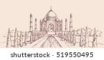 White marble muslim tomb in Agra city, built by Mughal emperor Shah Jahan for his wife Mumtaz. Freehand ink drawn background sketch in art doodle retro style. Panoramic view with space for text on sky