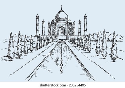 White marble muslim tomb in Agra city, built by Mughal emperor Shah Jahan for his wife Mumtaz. Freehand ink drawn background sketch in art doodle retro style. Panoramic view with space for text on sky
