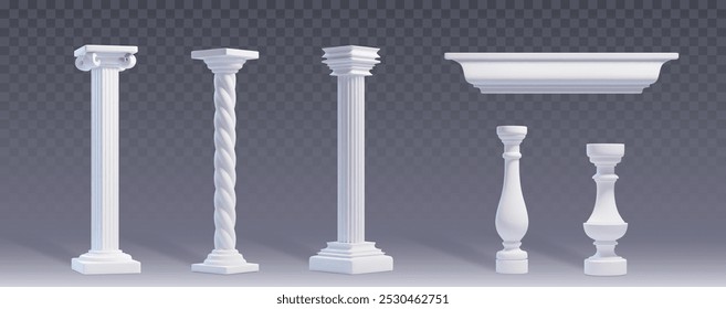 White marble pillars set isolated on transparent background. Vector realistic illustration of antique building balustrade or facade elements, ancient roman or greek temple or luxury palace decoration